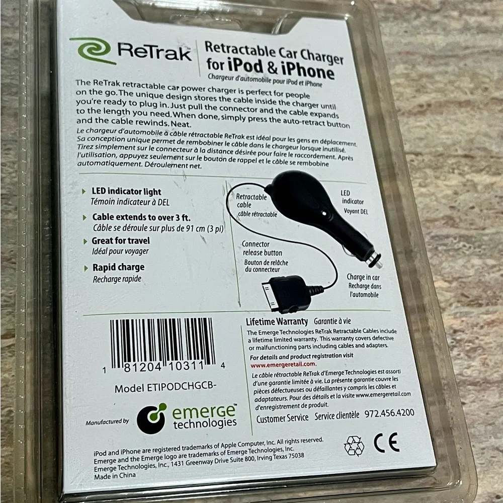 NIB ReTrak retractable iPod and iPhone car charger